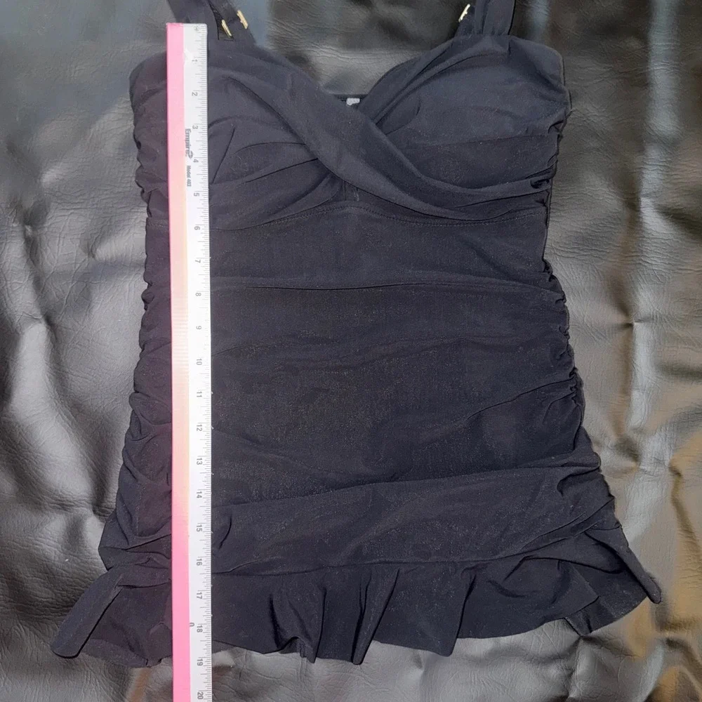 Lands End Black Slender Ruched Tankini Top Sweetheart Ruffle Swimsuit Size 6‎